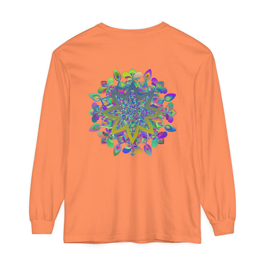 Vibrant, multicolored mandala design on unisex long sleeve t-shirt