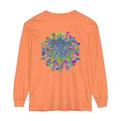 Vibrant, multicolored mandala design on unisex long sleeve t-shirt