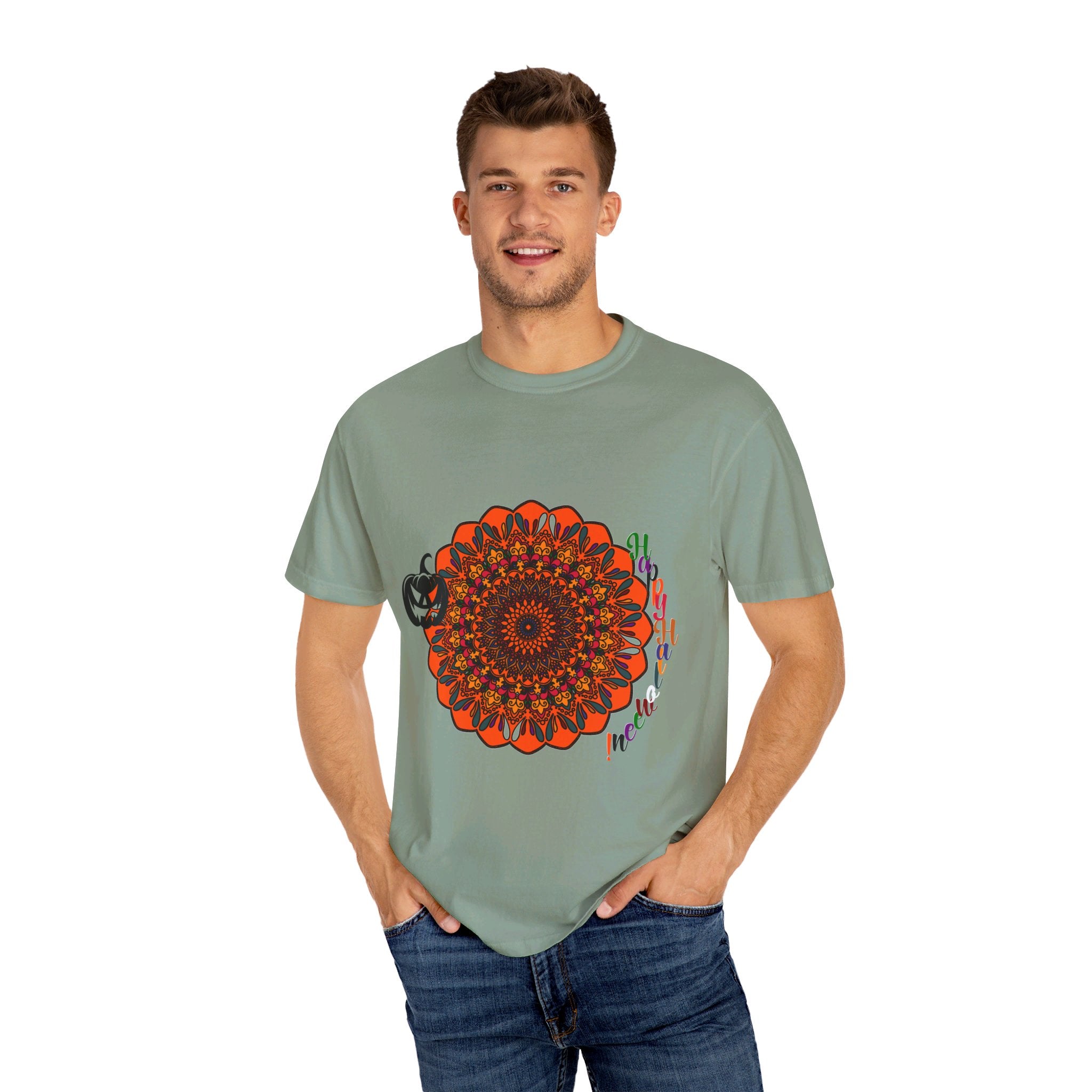 A vibrant unisex Halloween mandala t-shirt featuring handmade pumpkin mandala art on a garment-dyed tee