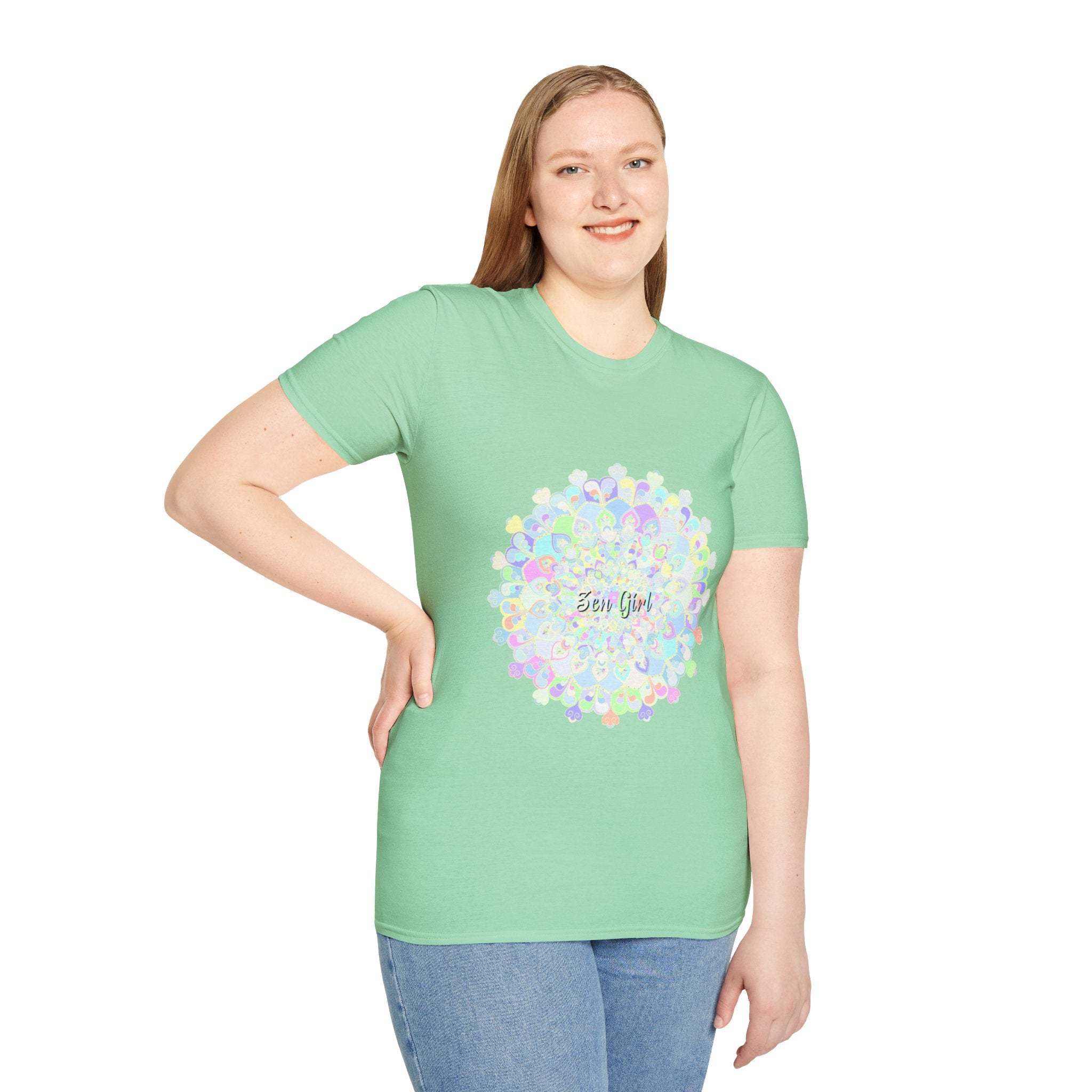 A close-up image of a colorful mandala t-shirt with a unique and intricate design, perfect for adding a pop of interest to any outfit