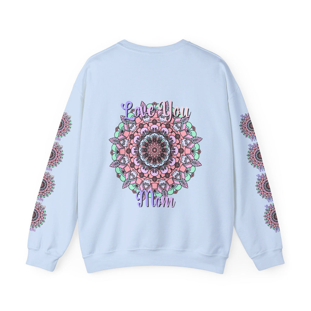 Cozy and stylish unisex crewneck sweatshirt in heather gray with 'Love You Mom' design, perfect birthday gift for mom