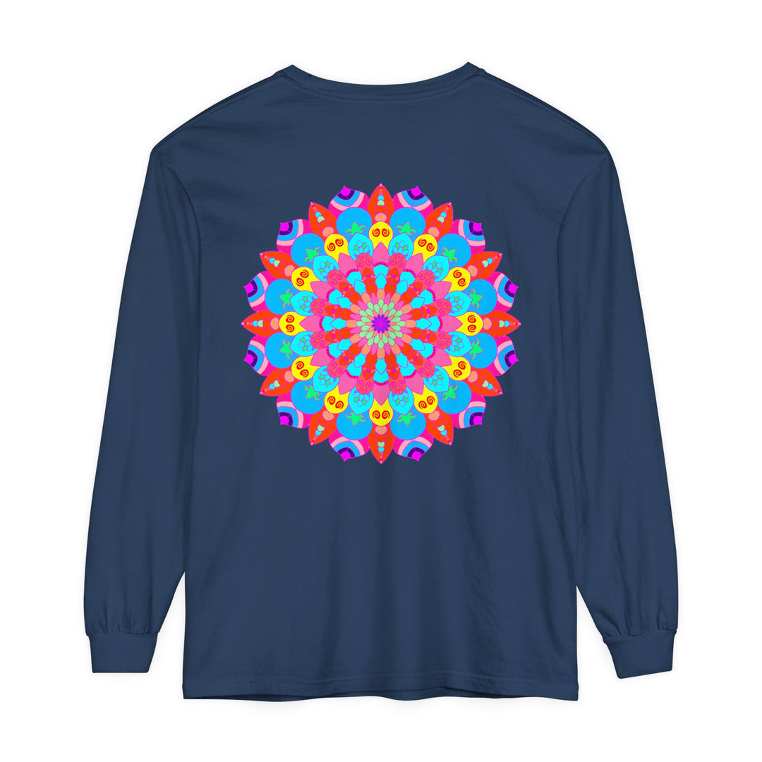 Vibrantly colored mandala design on a unisex long sleeve t-shirt