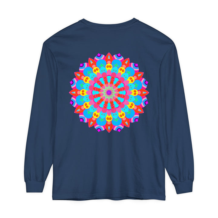 Vibrantly colored mandala design on a unisex long sleeve t-shirt