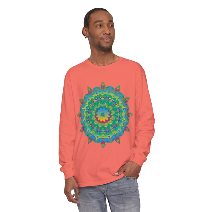 Colorful and intricate psychedelic mandala design on a long sleeve t-shirt