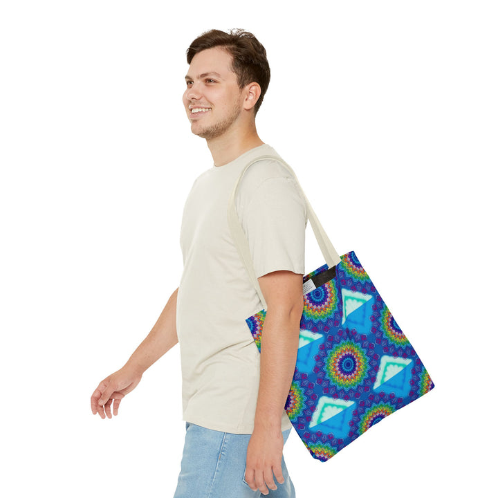 Colorful Mandala Tote Bag with vibrant blue, red, and yellow geometric patterns