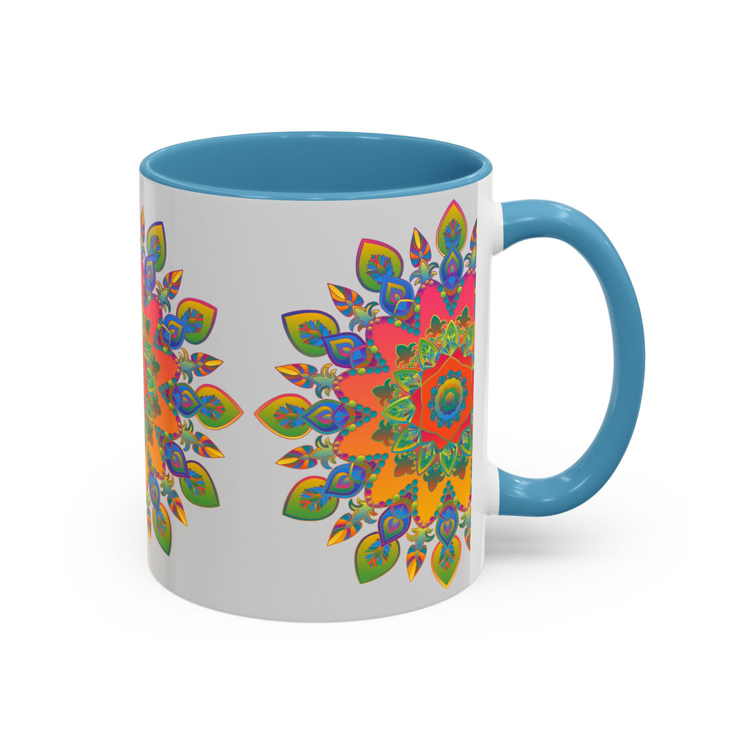 Beautiful grey mug featuring a colorful mandala design, perfect for tea or coffee lovers