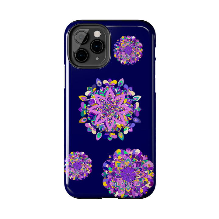 A close-up image of a hand-drawn mandala art purple shades phone case, showcasing its durable and shock absorbent features