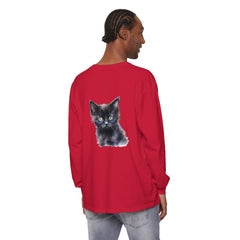 Mystical Kitten Unisex Long Sleeve T-Shirt in Black with Intricate Cat Design