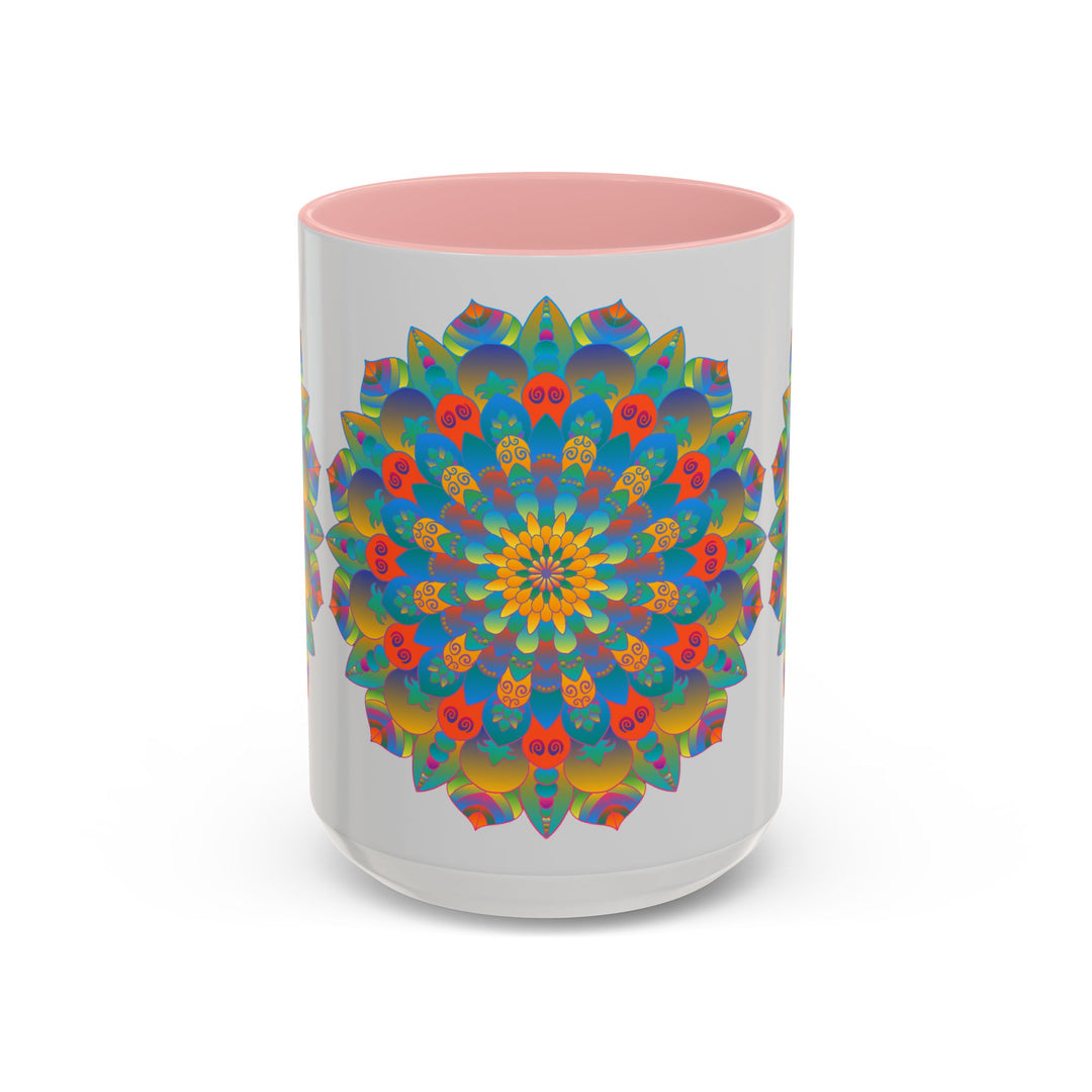 Vibrant yellow, orange, and blue Mandala Art Mug with intricate design