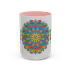 Vibrant yellow, orange, and blue Mandala Art Mug with intricate design