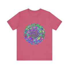 A vibrant and detailed mandala design adorns this colorful t-shirt