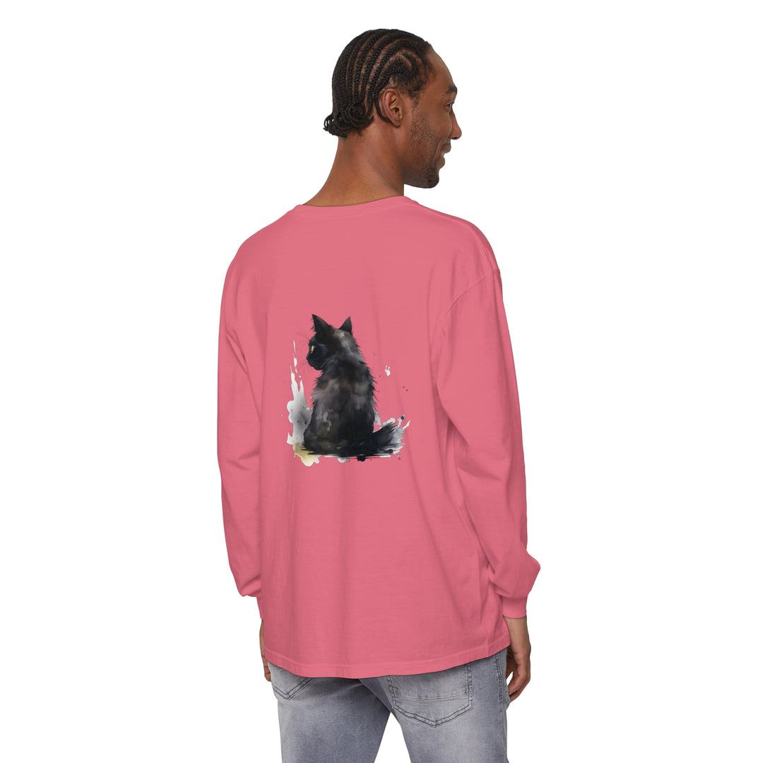 Black Cat Watercolor Dream Long Sleeve T-Shirt with vibrant watercolor cat design