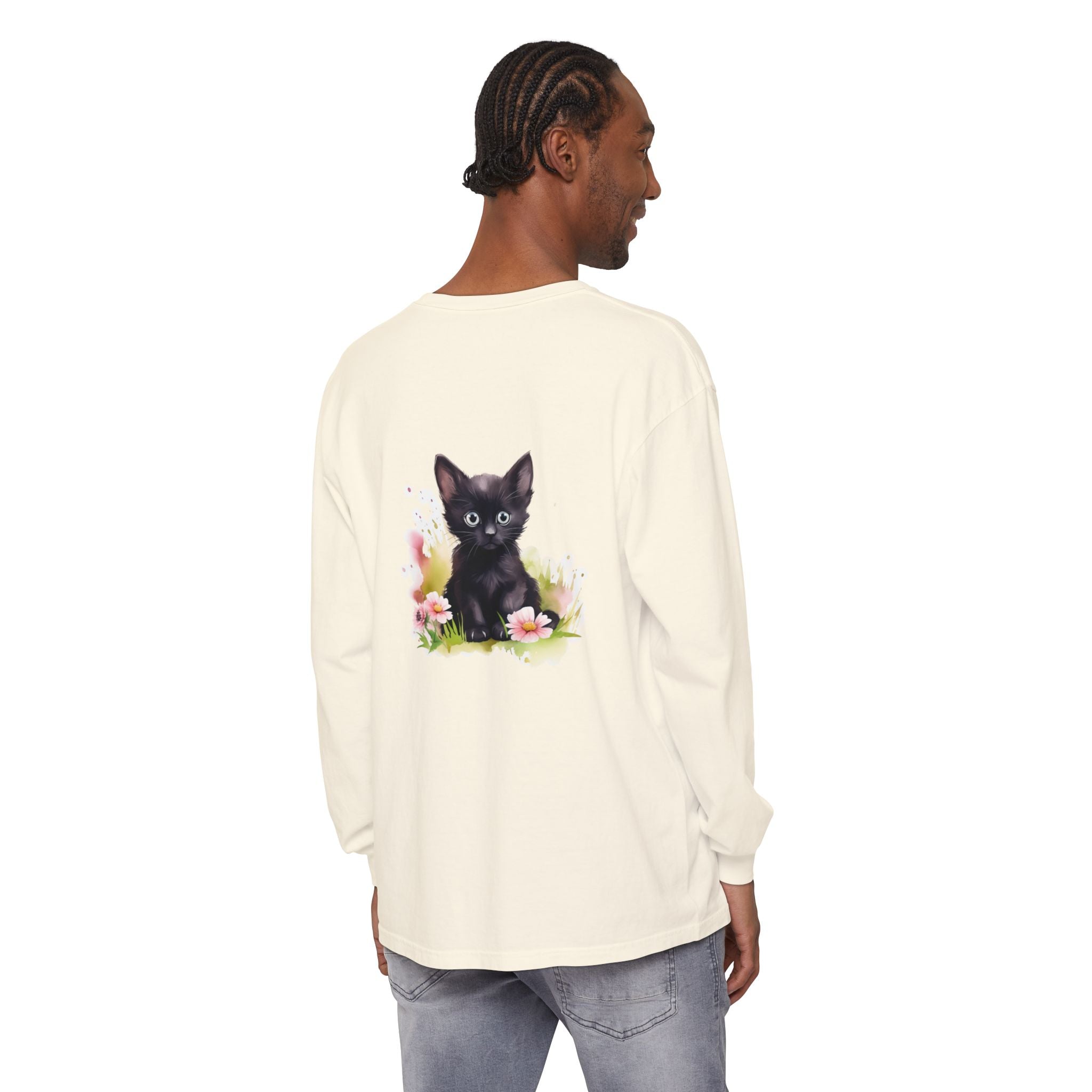 Langarmshirt | Schwarzes Kätzchen & rosa Blumen
