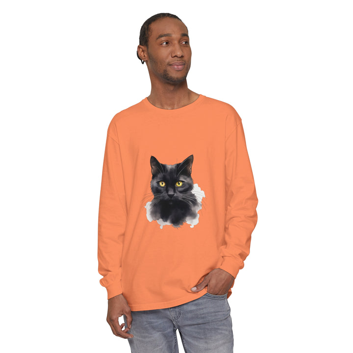 Black Cat Portrait - Unisex Long Sleeve T-Shirt featuring a detailed and realistic black cat graphic on the front