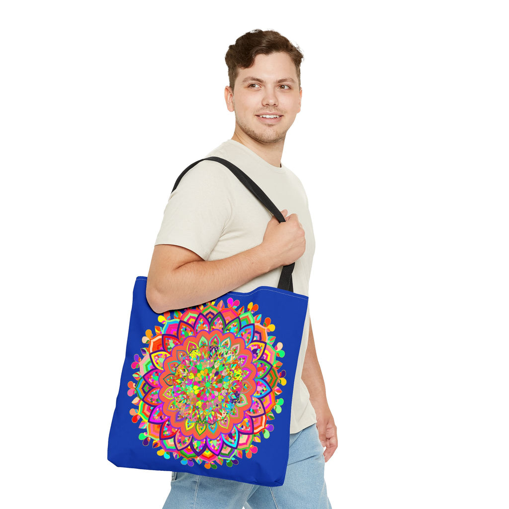 Dark blue tote bag with colorful mandala art, perfect for adding a vibrant touch to your outfit and carrying all your essentials