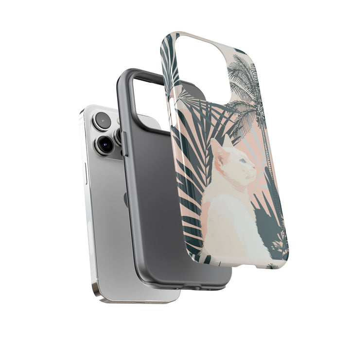 Tropische Katzen-Telefonhülle mit üppigen Palmenmotiven und sanften Pastelltönen