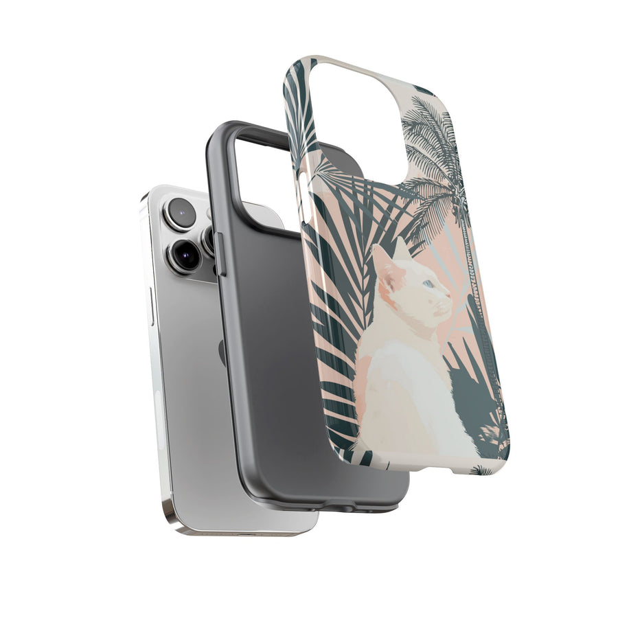 Tropical Cat Phone Case with Lush Palm Motifs and Soft Pastels