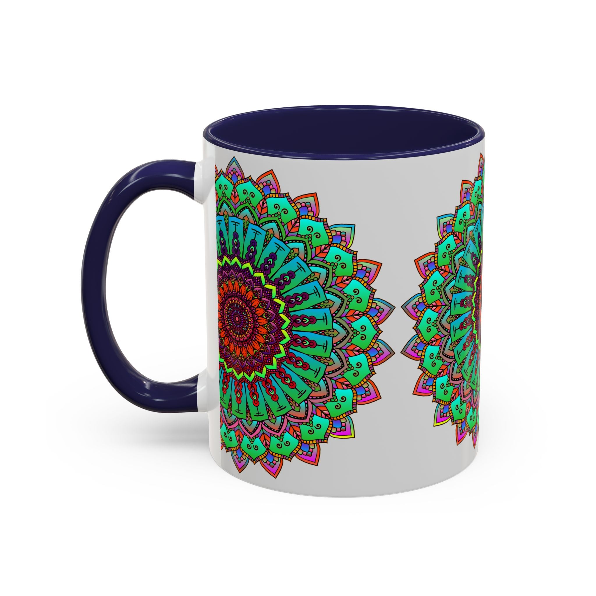 Beautiful light grey mandala art mug with colorful accents perfect for enjoying your morning coffee or tea