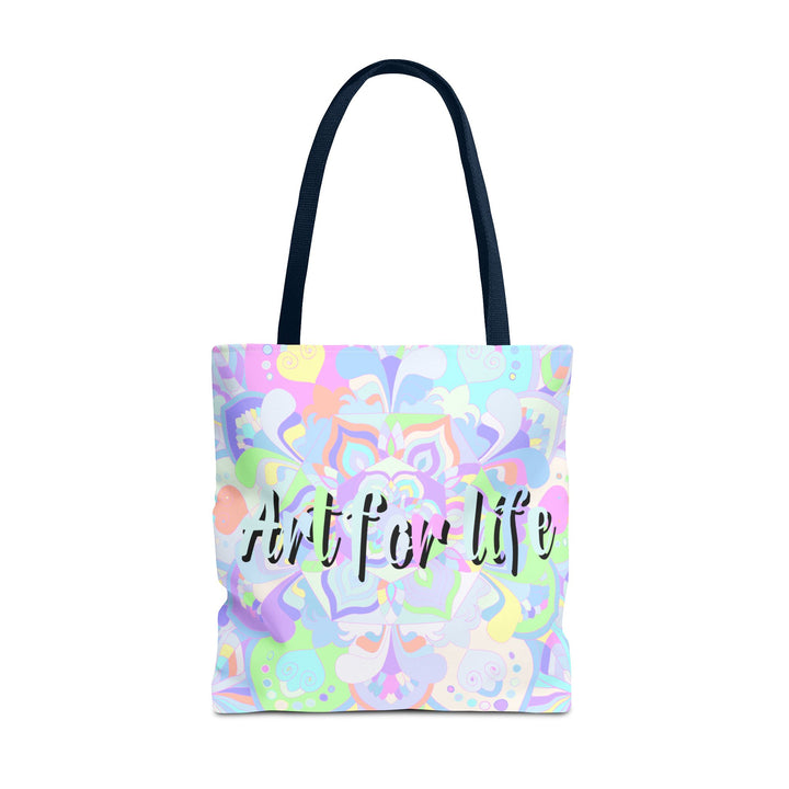 Colorful mandala tote bag with vibrant 'Art for Life' quote, perfect for carrying essentials and adding a pop of creativity to your everyday style