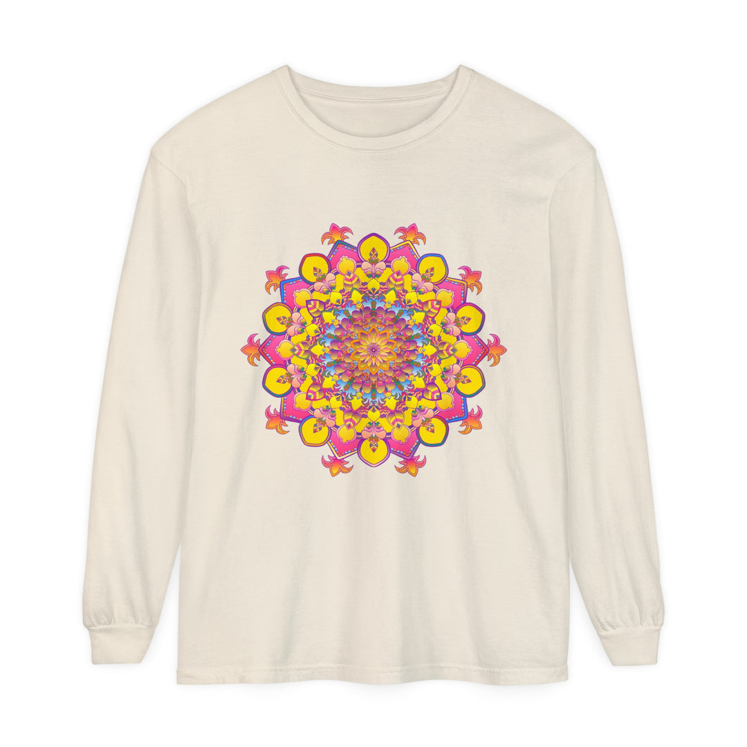 Colorful and intricate mandala design on a unisex long sleeve t-shirt