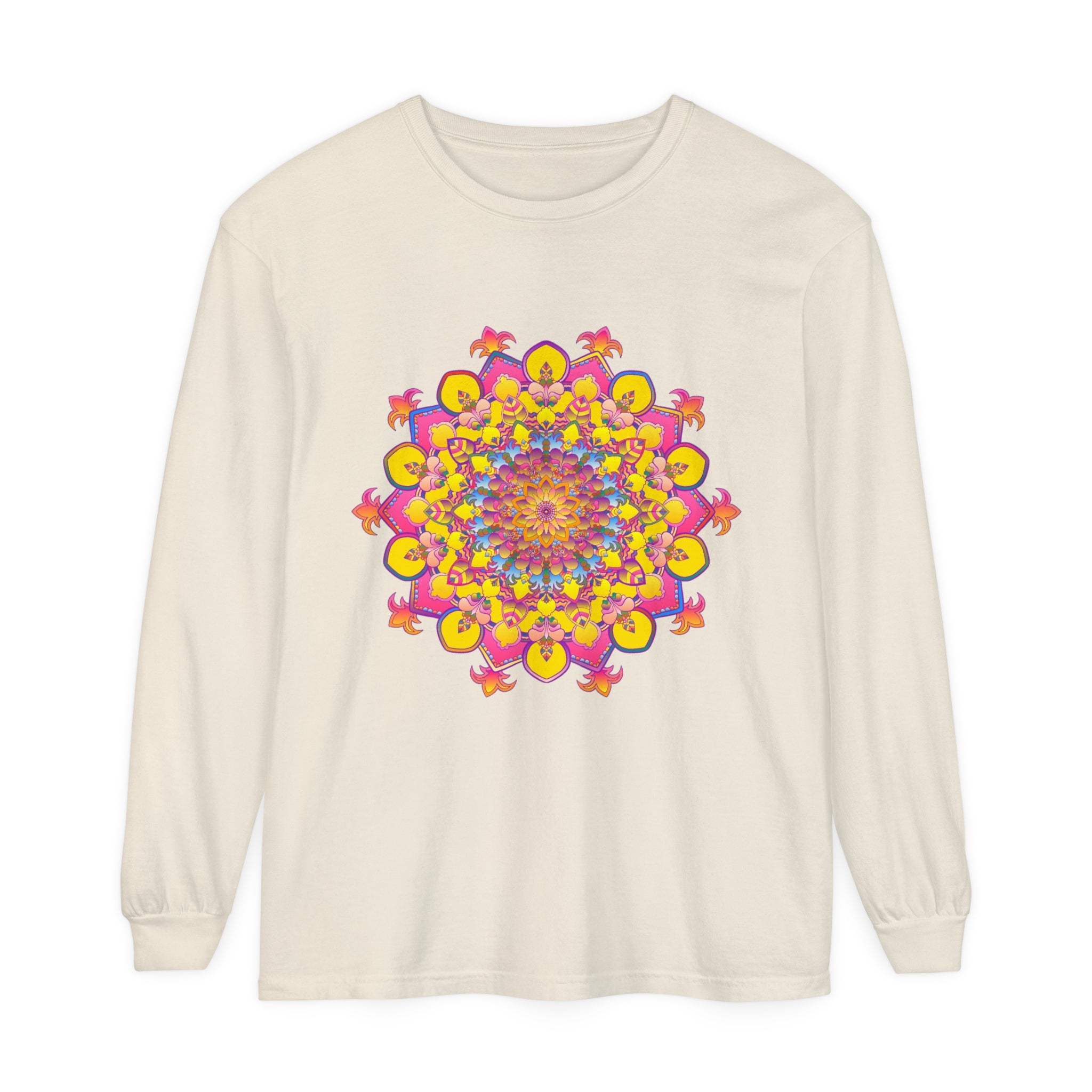 Colorful and intricate mandala design on a unisex long sleeve t-shirt