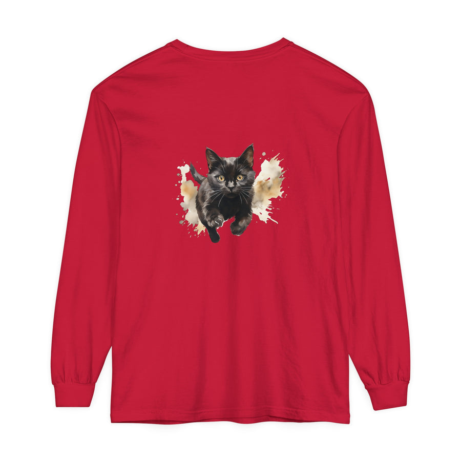 Black Cat Watercolor Sprint Unisex T-Shirt featuring a vibrant watercolor print of a black cat running, perfect for animal lovers and art enthusiasts