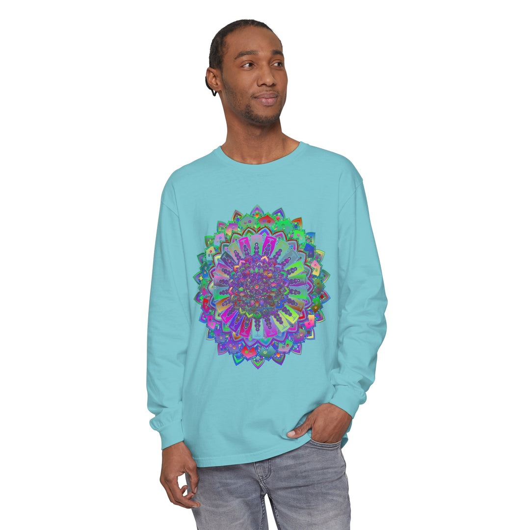 Colorful and intricate mandala design on a comfortable long sleeve t-shirt