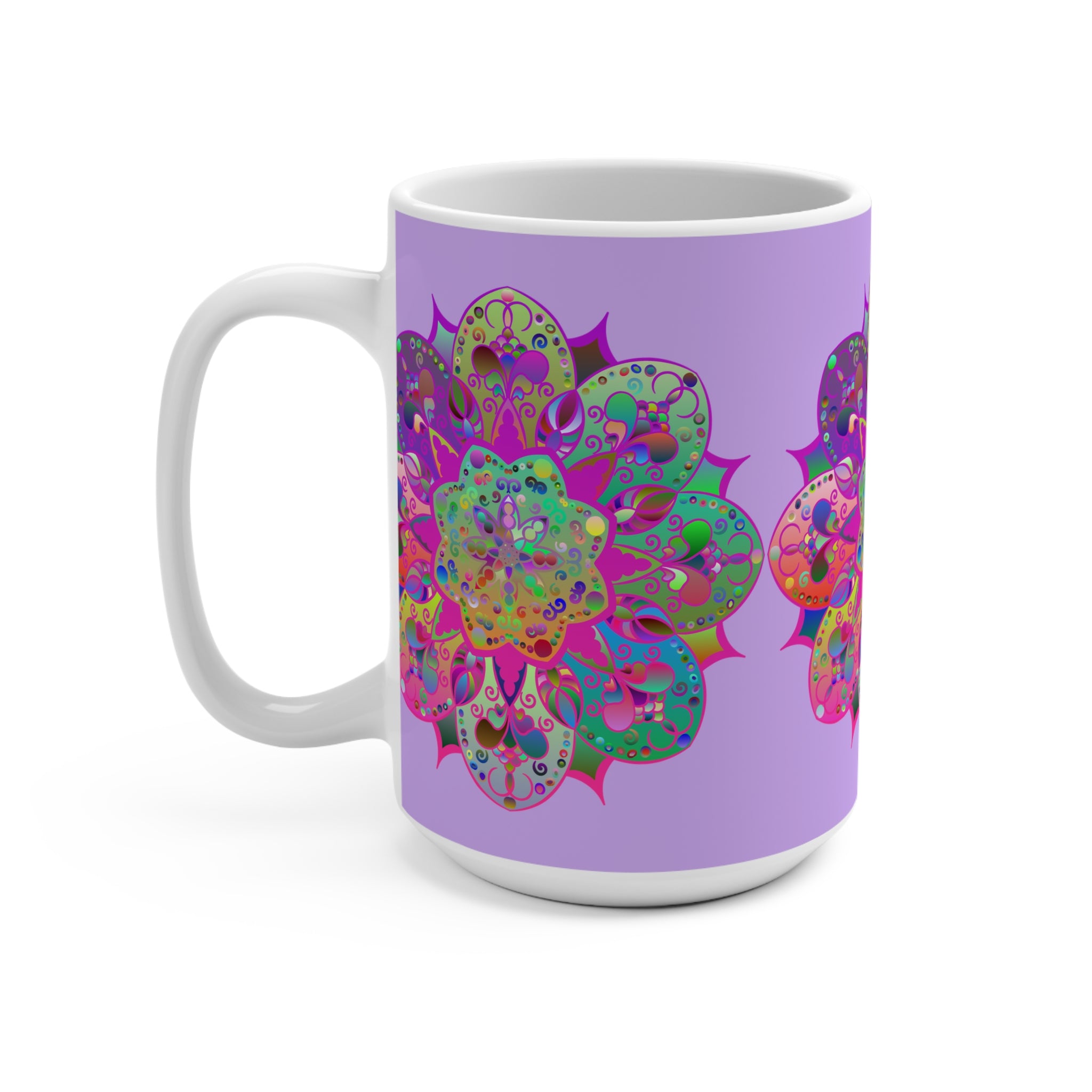 Beautiful 15oz ceramic mug with mandala art design, perfect for coffee and tea lovers