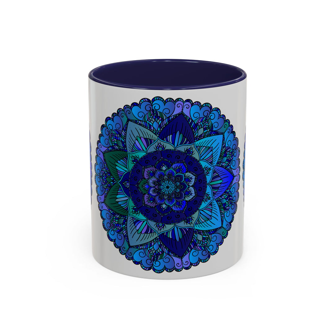 Beautiful blue and purple mandala mug with intricate bohemian art design