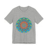 Vibrant and intricate rainbow mandala tee showcasing colorful, detailed design