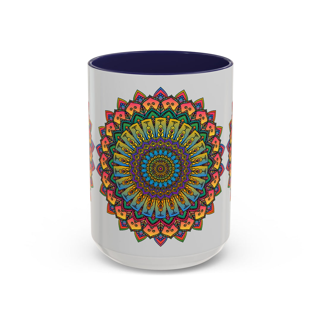 Beautiful mandala pattern ceramic mug in vibrant colors for spiritual and artistic coffee or tea enjoyment