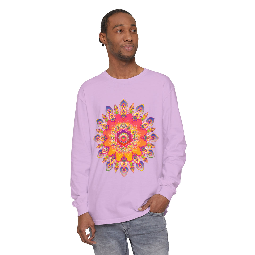 Colorful and intricate mandala design on a unisex long sleeve t-shirt