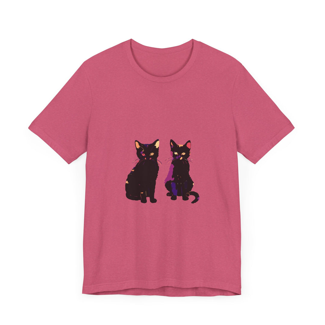 Black Cat Mystery T-Shirt - Elegant & Colorful: A stylish, black t-shirt featuring a mysterious cat design in vibrant colors