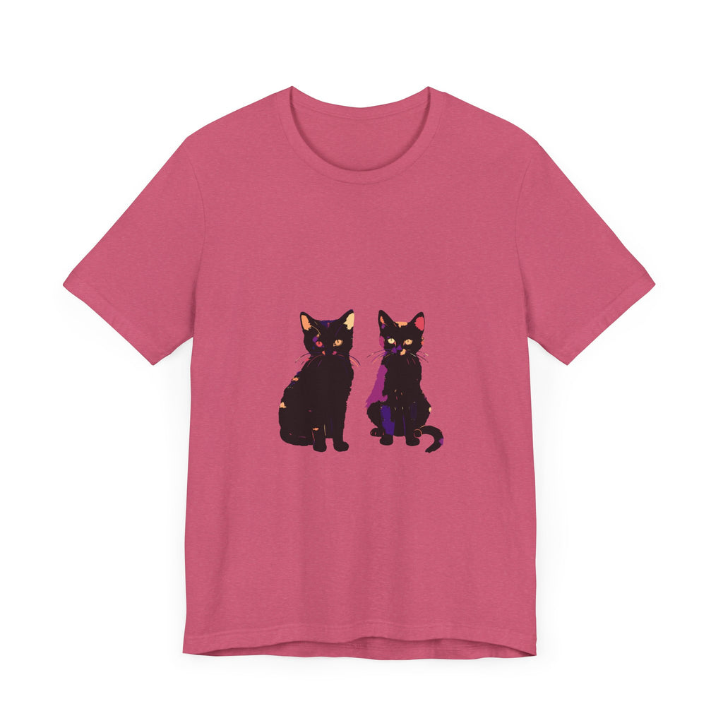 Black Cat Mystery T-Shirt - Elegant & Colorful: A stylish, black t-shirt featuring a mysterious cat design in vibrant colors