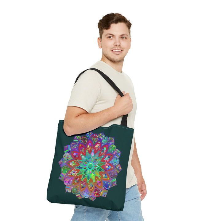 Large dark green tote bag with colorful mandala design, perfect for carrying all your essentials in style