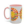 Colorful mandala mug with vibrant and intricate art designs on a grey background