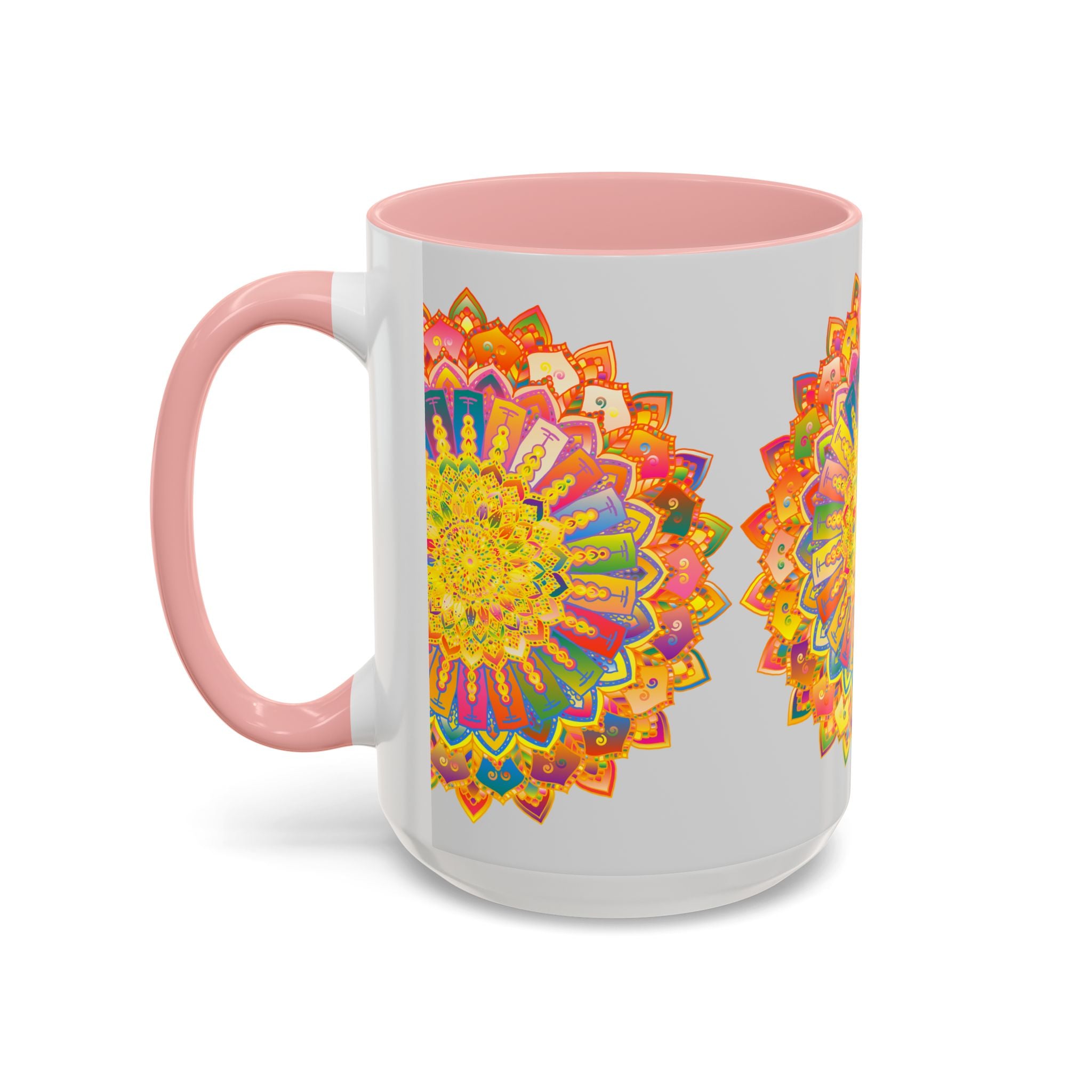 Colorful mandala mug with vibrant and intricate art designs on a grey background