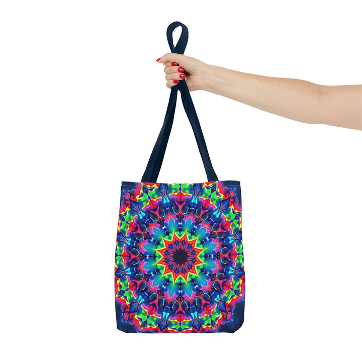 Vibrant and colorful psychedelic mandala tote bag with intricate patterns and unique design