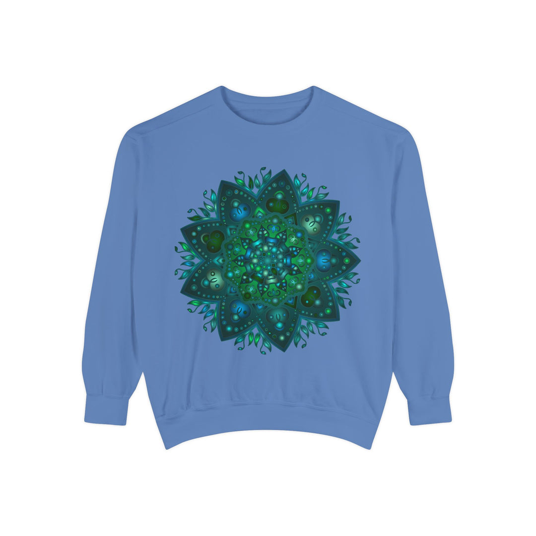 Teal and Blue Mandala Sweatshirt with intricate mandala design, perfect for yoga and meditation practices, made from soft and comfortable fabric