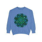 Teal and Blue Mandala Sweatshirt with intricate mandala design, perfect for yoga and meditation practices, made from soft and comfortable fabric