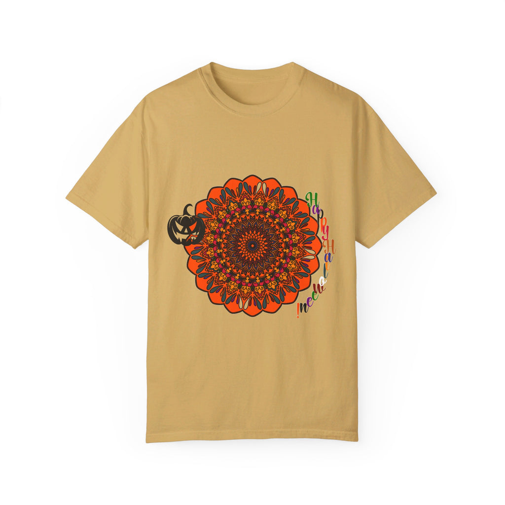 A vibrant unisex Halloween Mandala T-shirt featuring handmade pumpkin mandala art on a garment-dyed tee