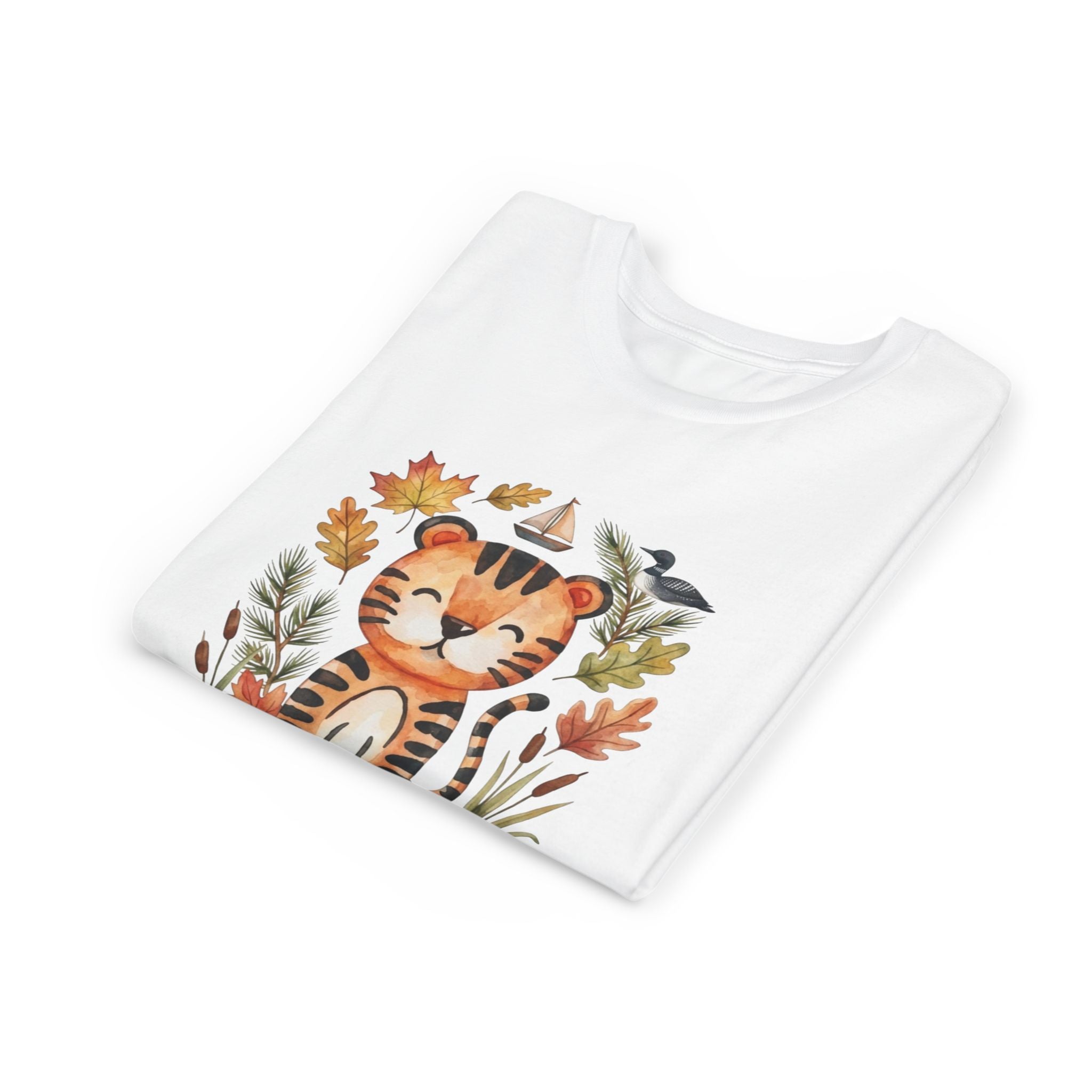 Kids Tiger Lake Ontario Tee — Watercolor Autumn Sailboat & Leaves Youth Short Sleeve Tee
