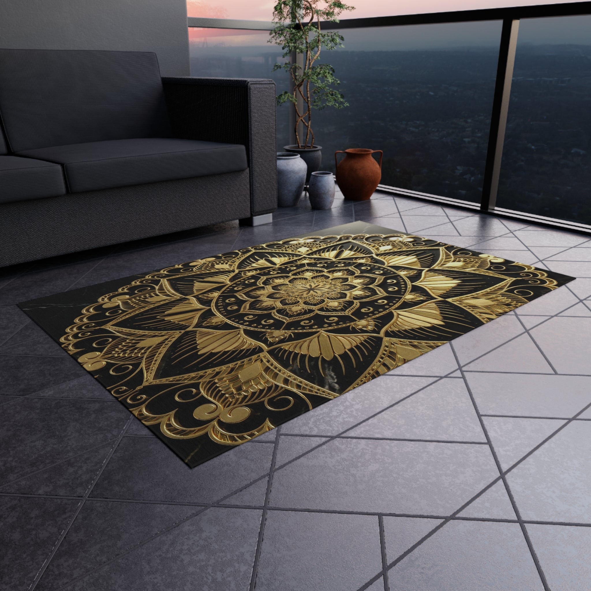 Gold Mandala Outdoor Rug — Boho Patio Mat for Porch, Deck & Garden