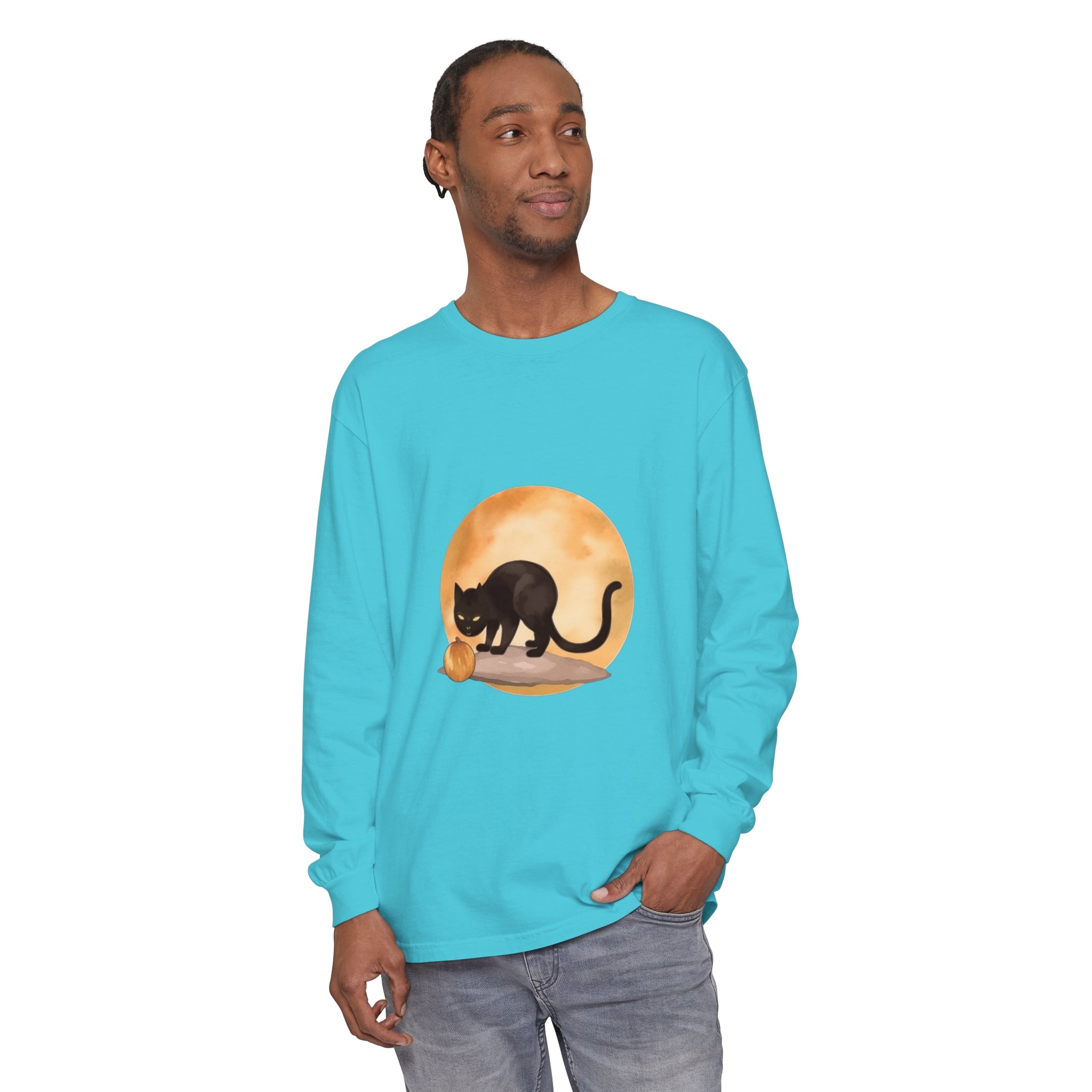 A spooky black cat under a full moon, featured on a Halloween-themed t-shirt