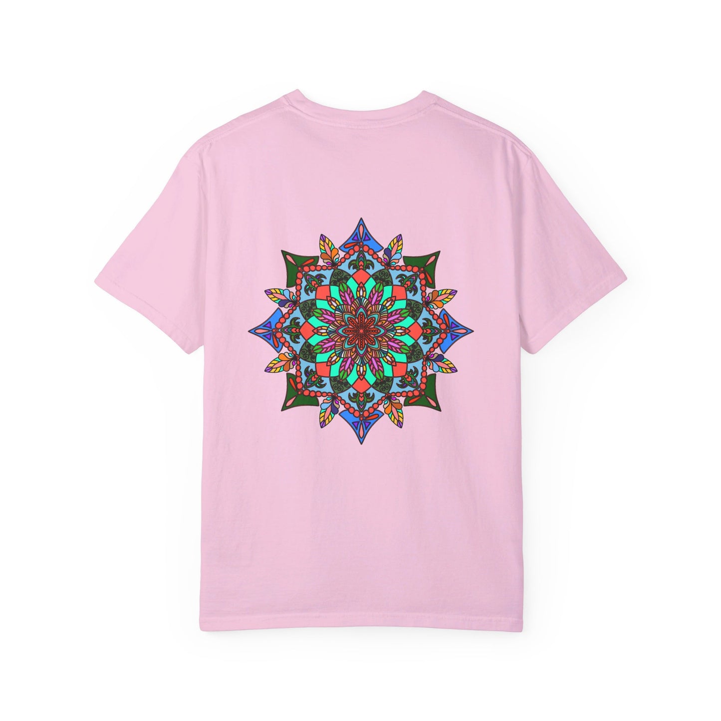 Unisex mandala t-shirt made of 100% ring-spun cotton, featuring hand-drawn mandala art and garment-dyed for extra comfort