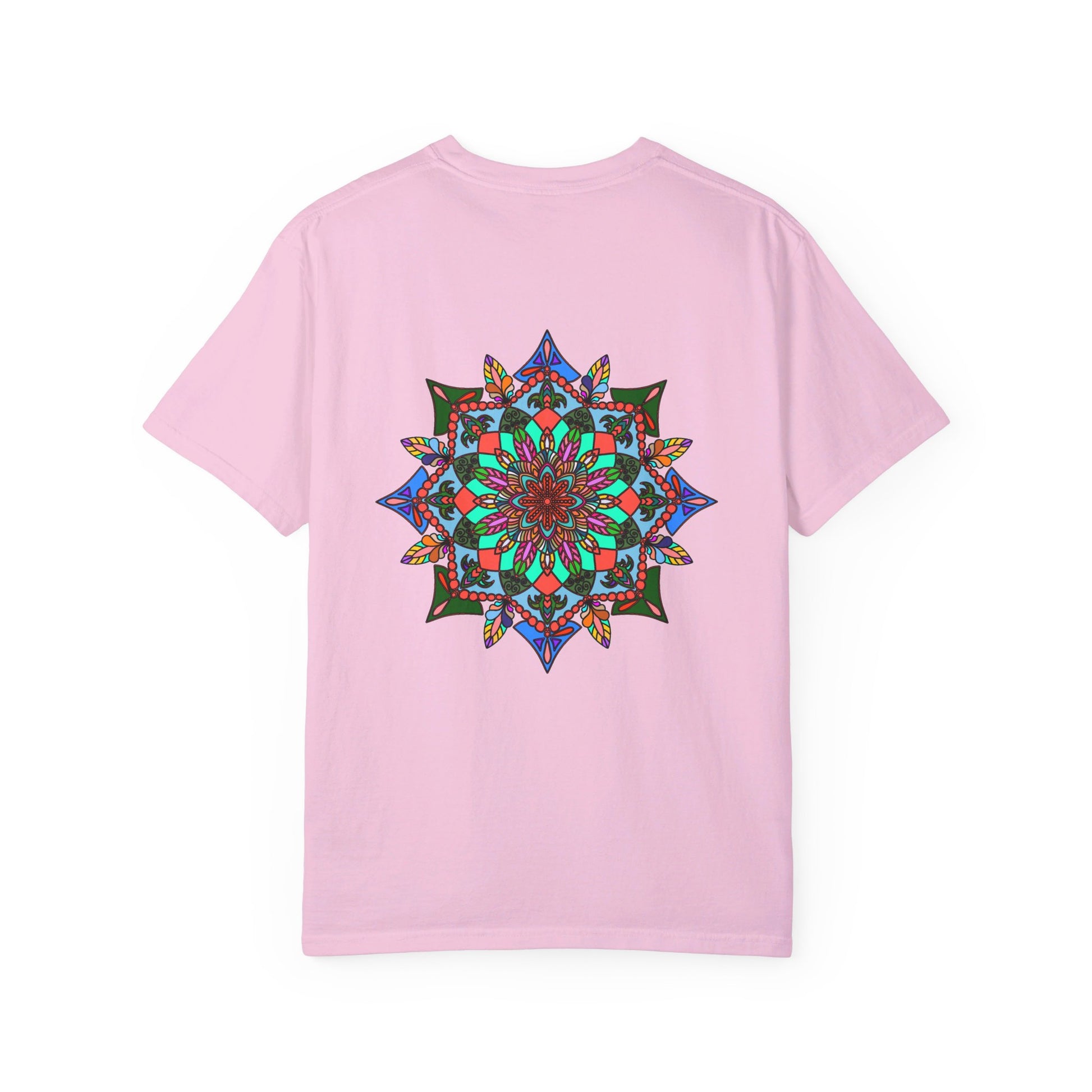 Unisex mandala t-shirt made of 100% ring-spun cotton, featuring hand-drawn mandala art and garment-dyed for extra comfort