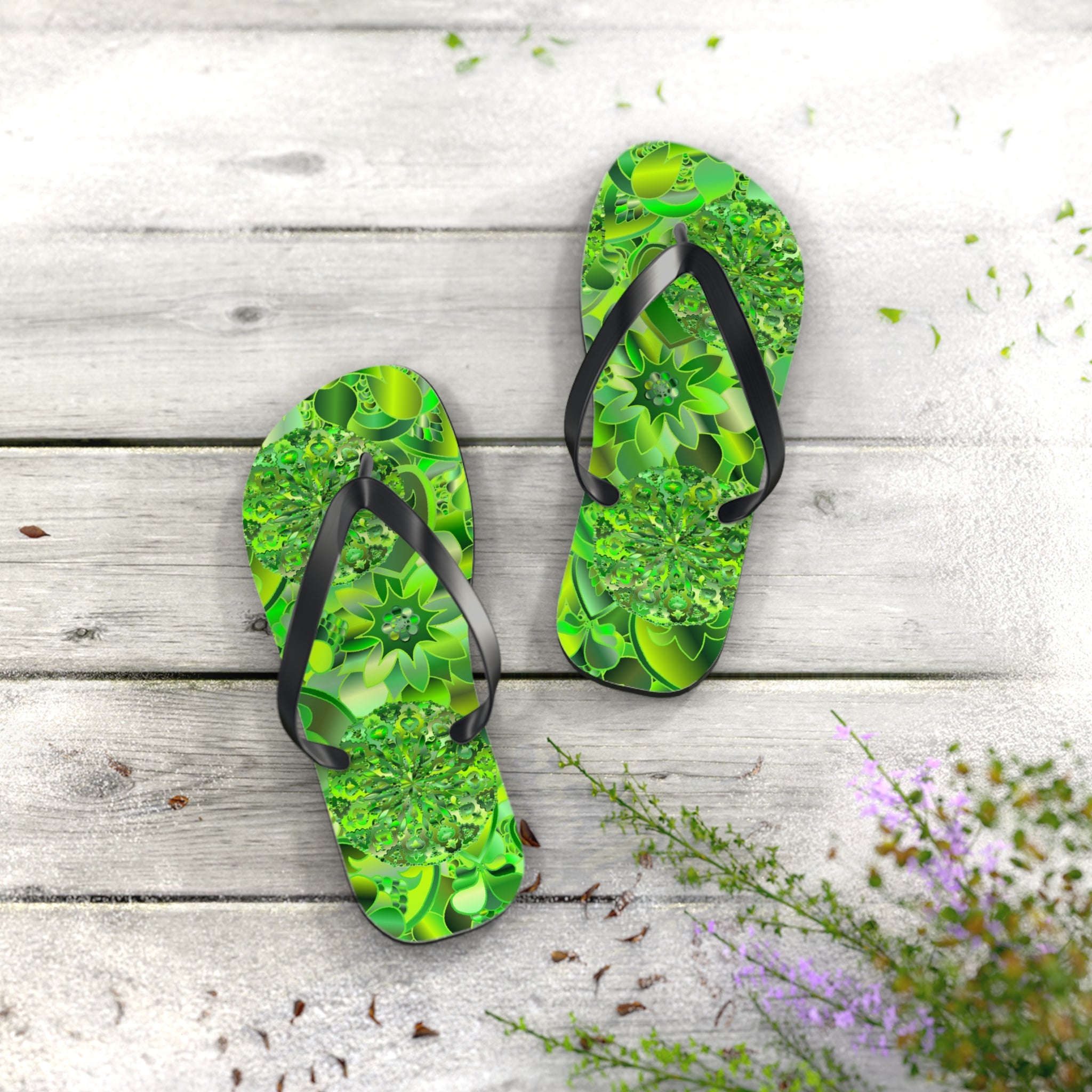 Green Kaleidoscope Flip Flops – Tropical Floral Beach Sandals