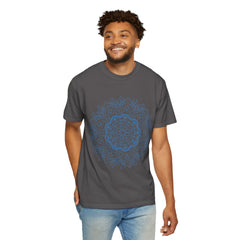 Colorful and intricate handmade mandala art design on a unisex garment-dyed tshirt