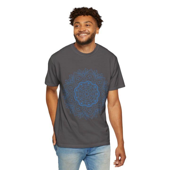 Colorful and intricate handmade mandala art design on a unisex garment-dyed tshirt