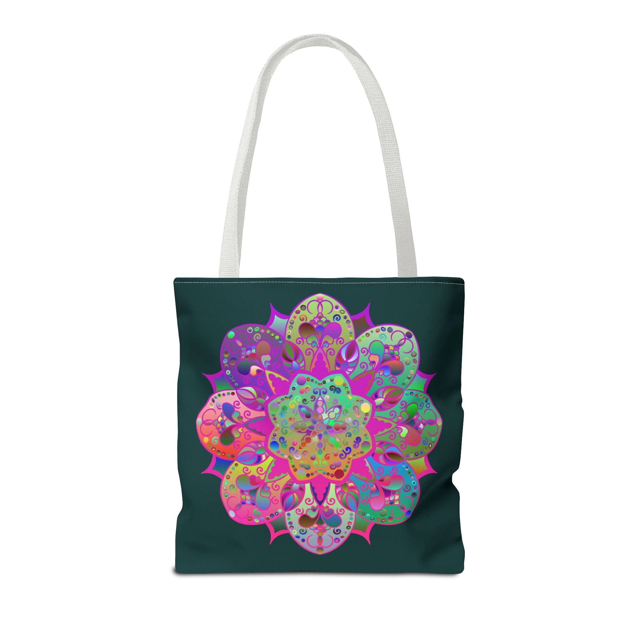 Dark green tote bag featuring a vibrant and intricate colorful mandala design